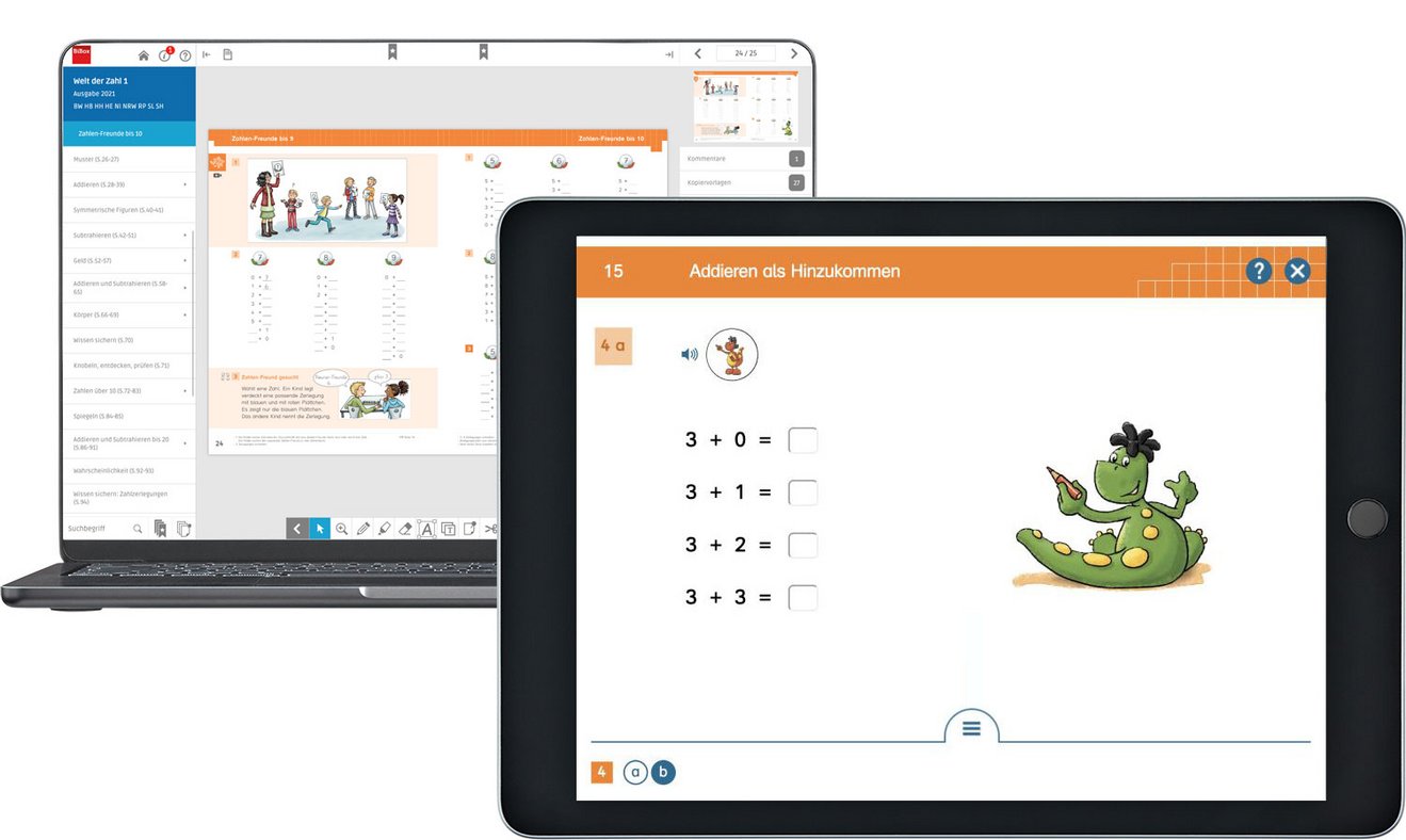 Notebook mit BiBox Welt der Zahl 1 und Tablet mit passender Interaktiver Übung