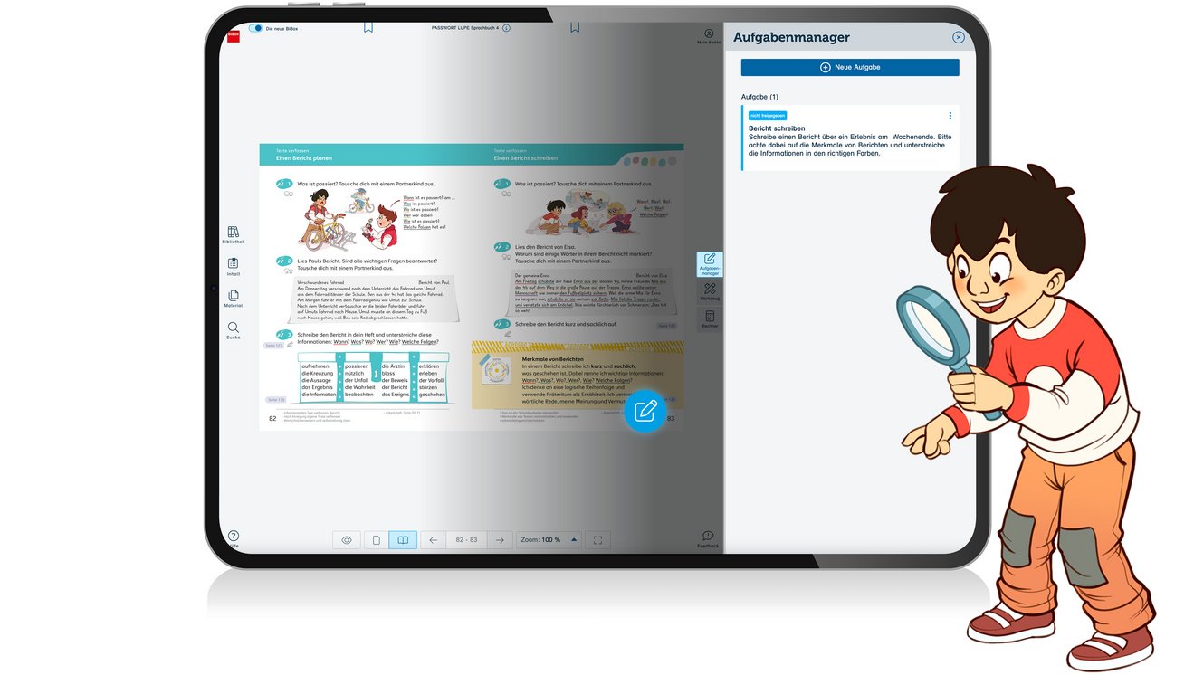 Tablet mit Menü Aufgabenmanager, Comic-Figur mit Lupe