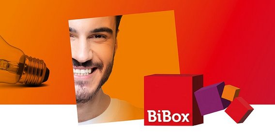 BiBox-Logo in 3D, lachender Lehrer, Glühbirne