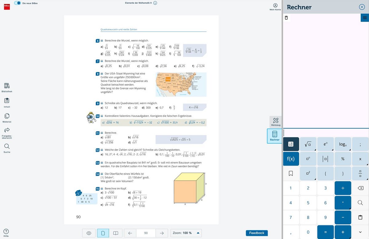 Screenshot BiBox Benutzeroberfläche mit geöffnetem Taschenrechner