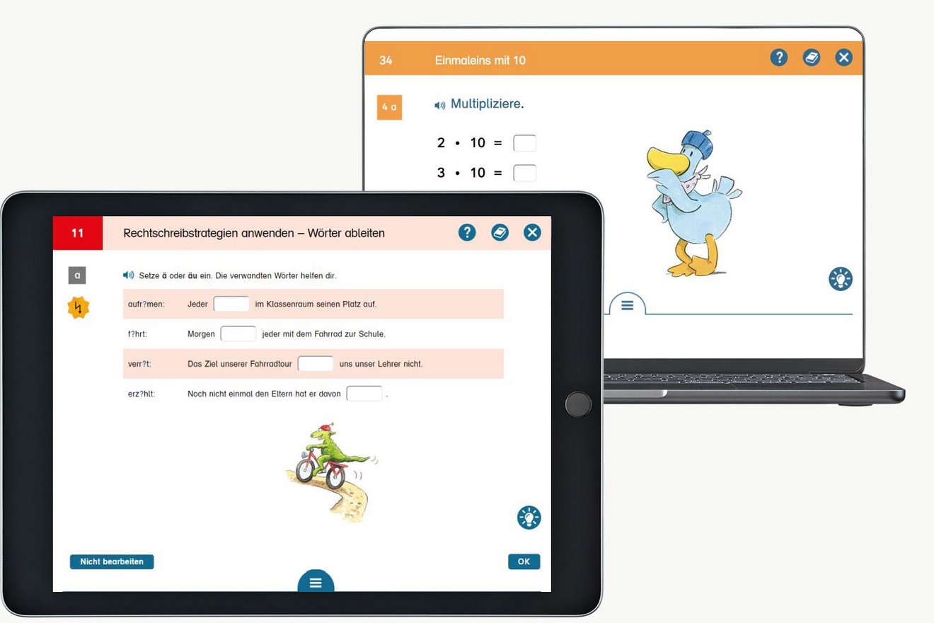 Tablet und Notebook mit Interaktiven Übungen aus Karibu und Denken und Rechnen