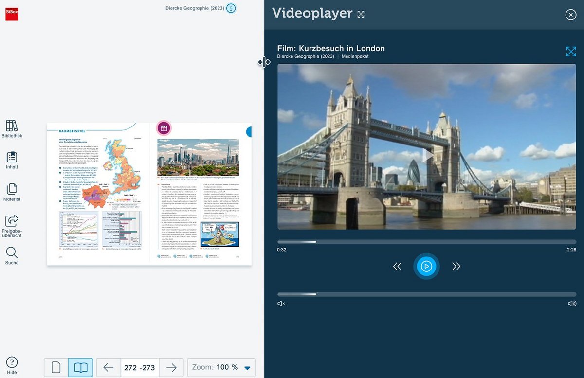 Screenshot der BiBox mit Videoplayer mit Doppelseite