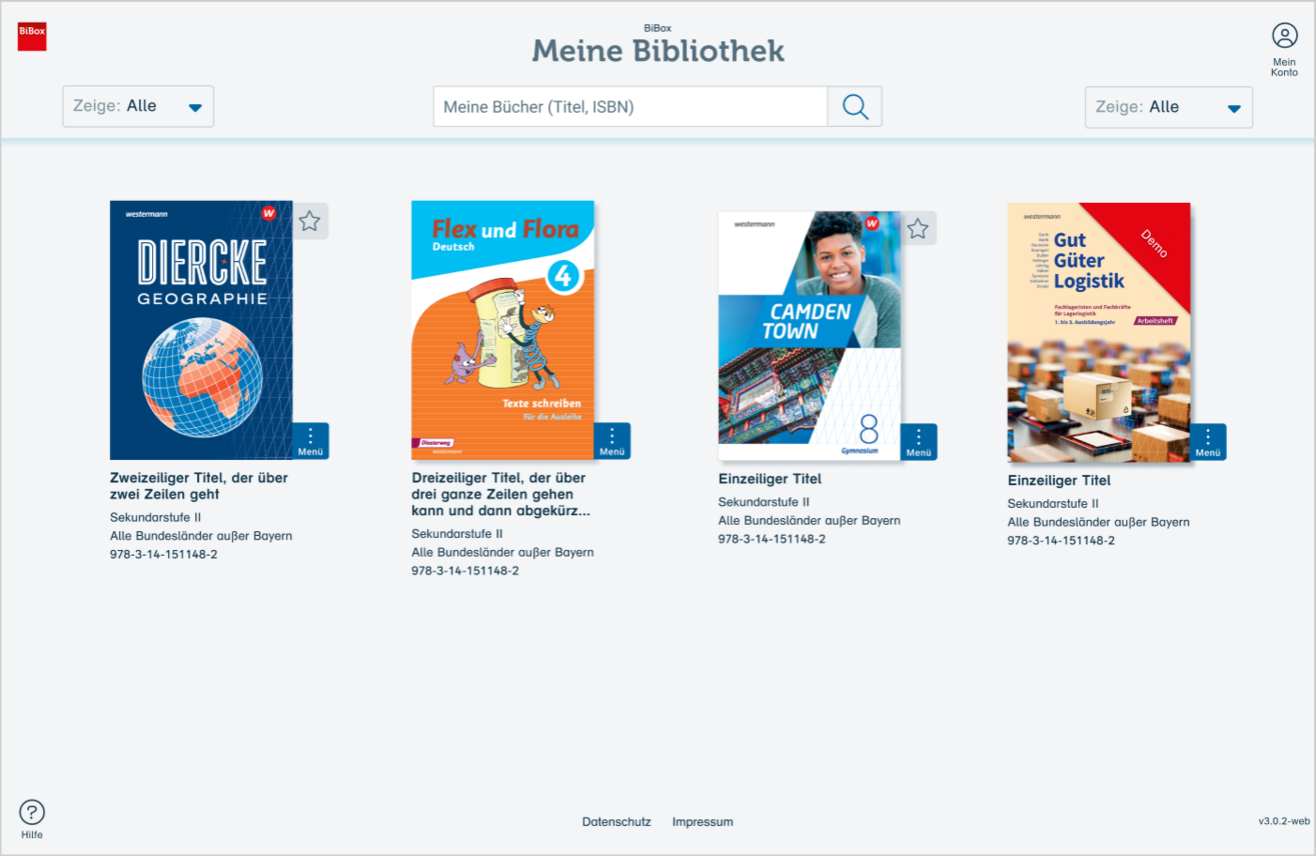 Screenshot BiBox-Bibliothek mit vier Buchtiteln