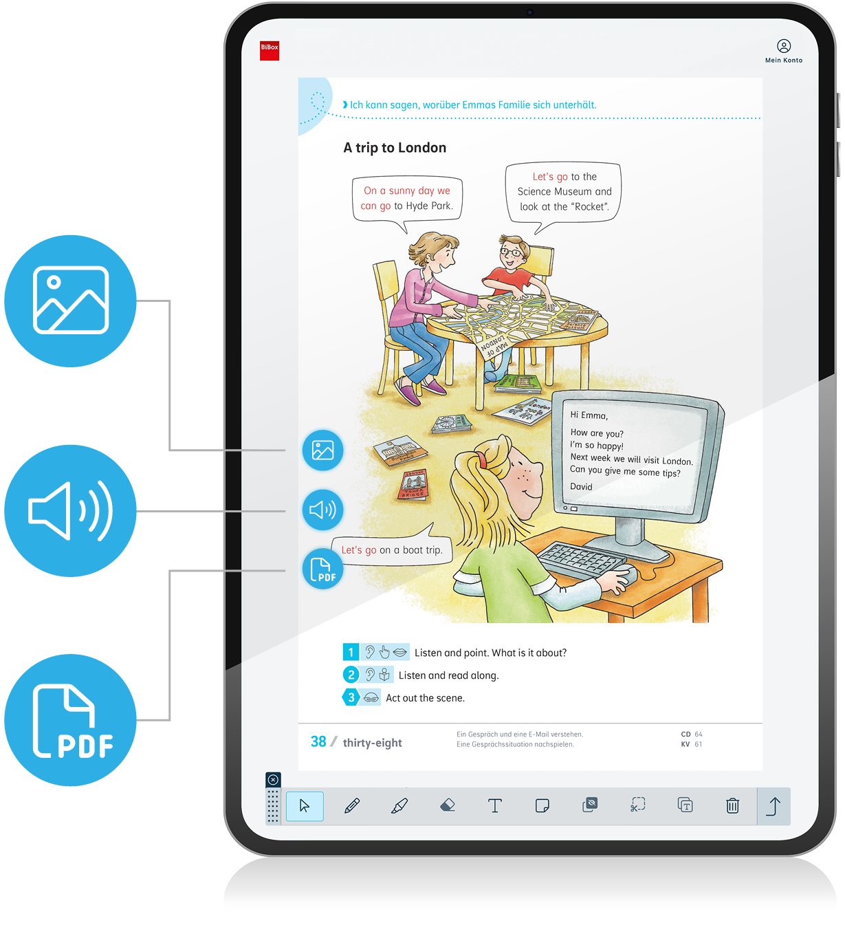 Tablet mit Buchseite, Icons für platziertes Material Bild, Audio, PDF
