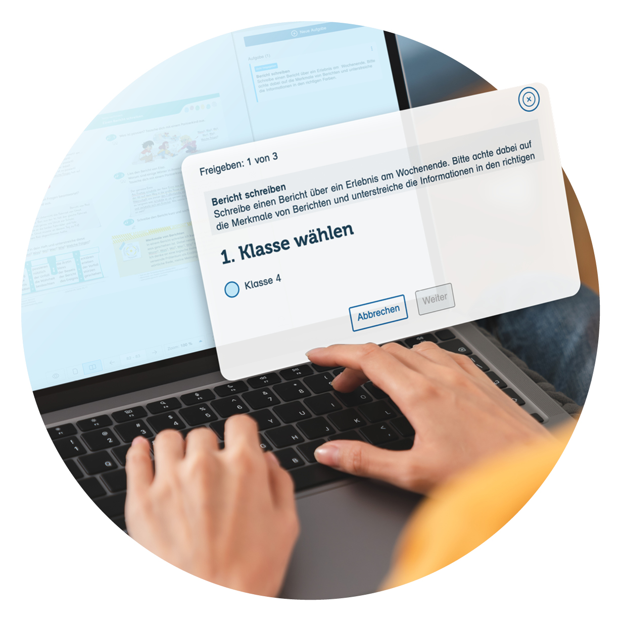 Hände auf Tastatur, Popup-Fenster "Klasse wählen"
