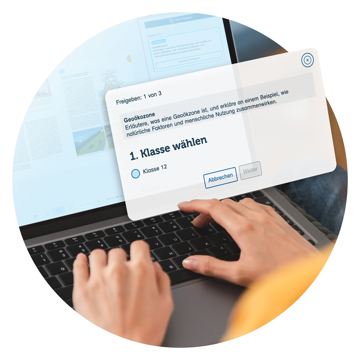 Hände auf Tastatur, Popup-Fenster "Klasse wählen"